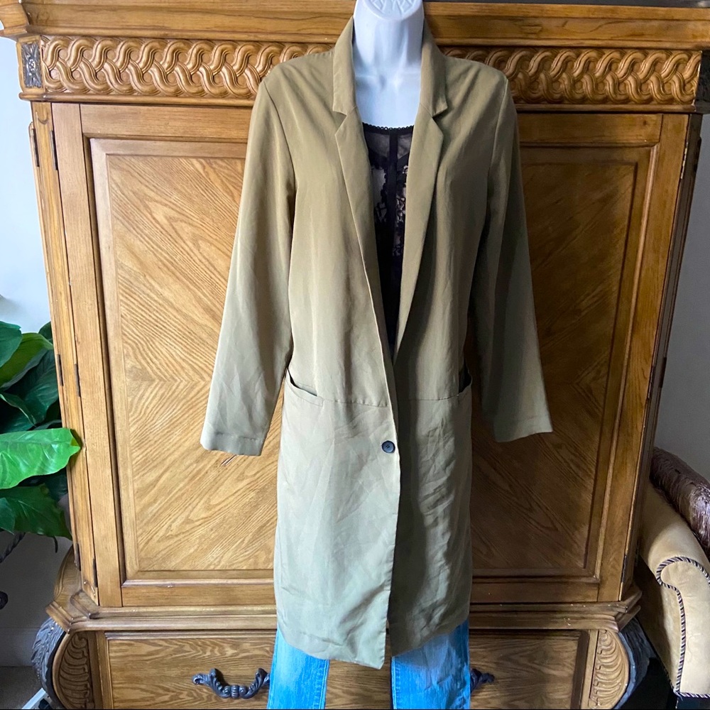 H&M olive green one button duster blazer